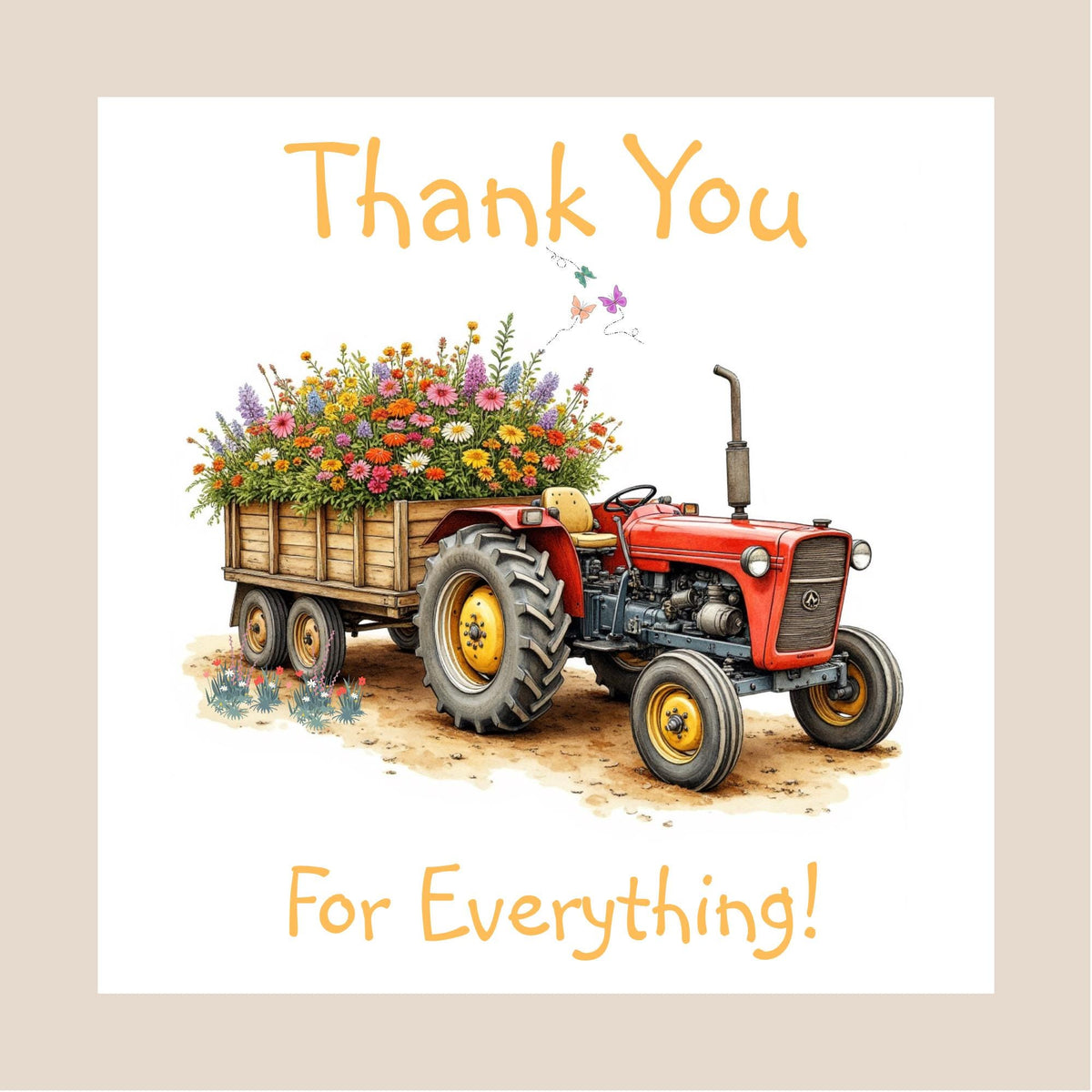Hand-drawn red vintage tractor pulling a wooden trailer overflowing with colourful flowers on a white background, with thank you text.
