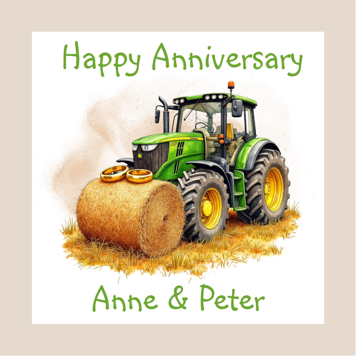 Hand-drawn style green tractor beside a hay bale with two gold wedding rings resting on top, set on a white background with anniversary text.