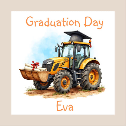Hand-drawn style yellow tractor wearing a graduation cap and carrying scrolls tied with red ribbons in its loader, on a white background with graduation text.