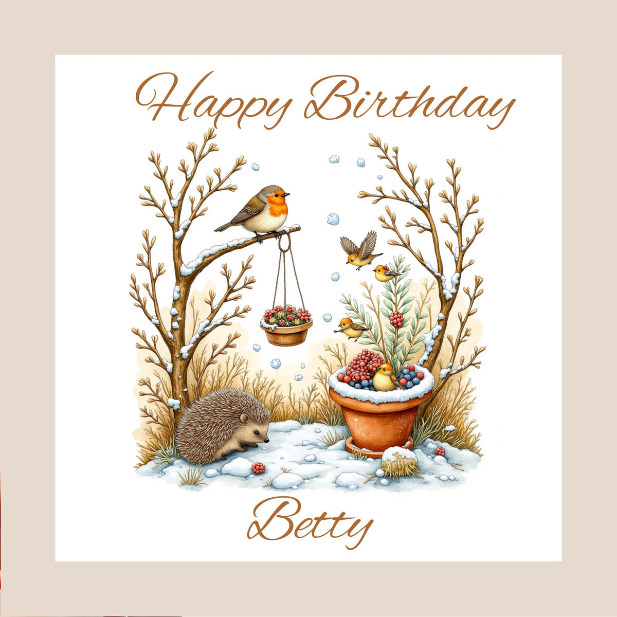 hand-drawn winter woodland scene with robin on a branch, hedgehog in snowy grass, potted berries and small birds — birthday card design