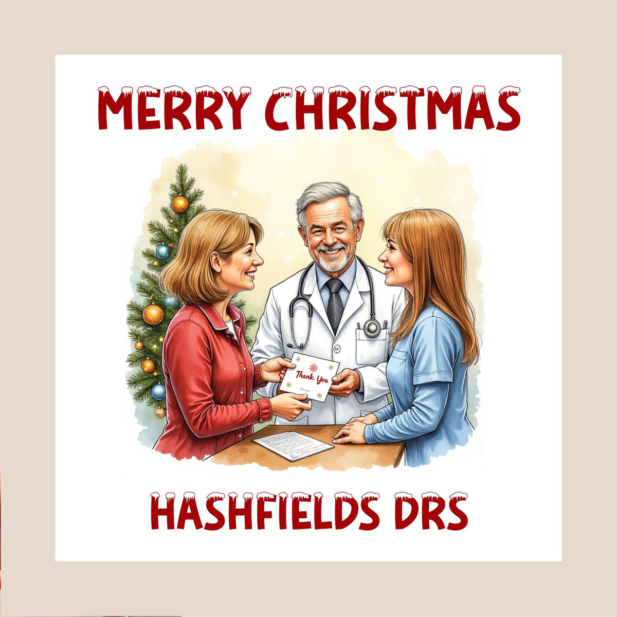 festive medical team illustration style with doctor and nurse exchanging a thank-you card beside a Christmas tree