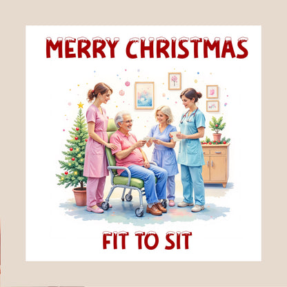festive illustration style of nurses helping an older man in a hospital chair with a Christmas tree in the background