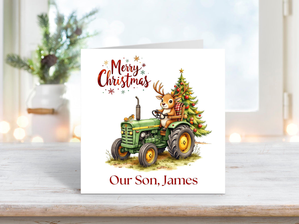 Personalised Christmas Card – Reindeer on a Green Tractor, Grandson, Son, Brother, Farming Christmas Card,Country Christmas Card