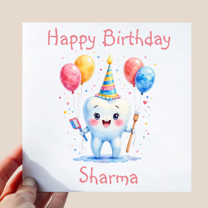 cute tooth character in illustration style holding balloons, toothbrush and dental mirror wearing a party hat