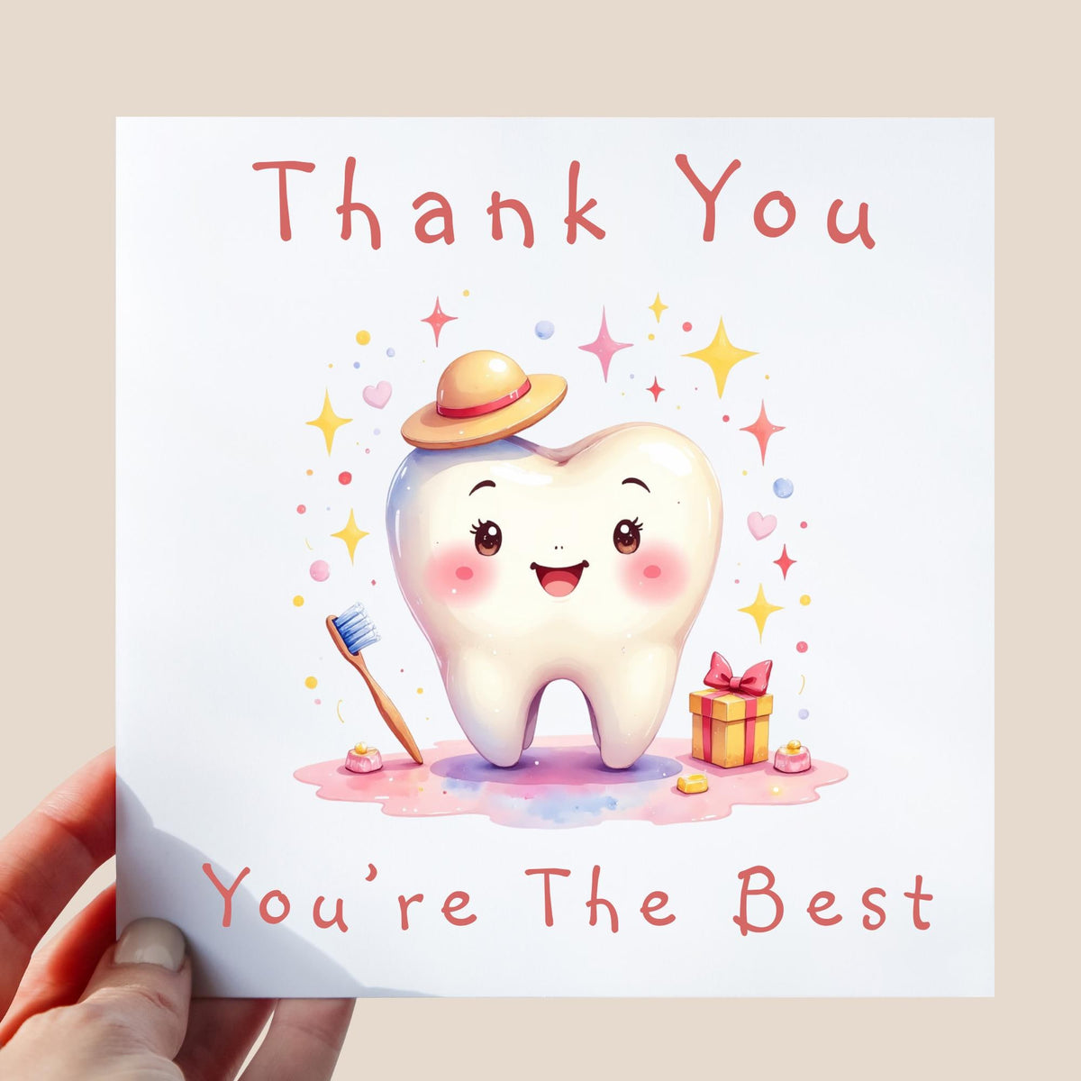 smiling tooth character in illustration style with hat, toothbrush, sparkles and small gift box