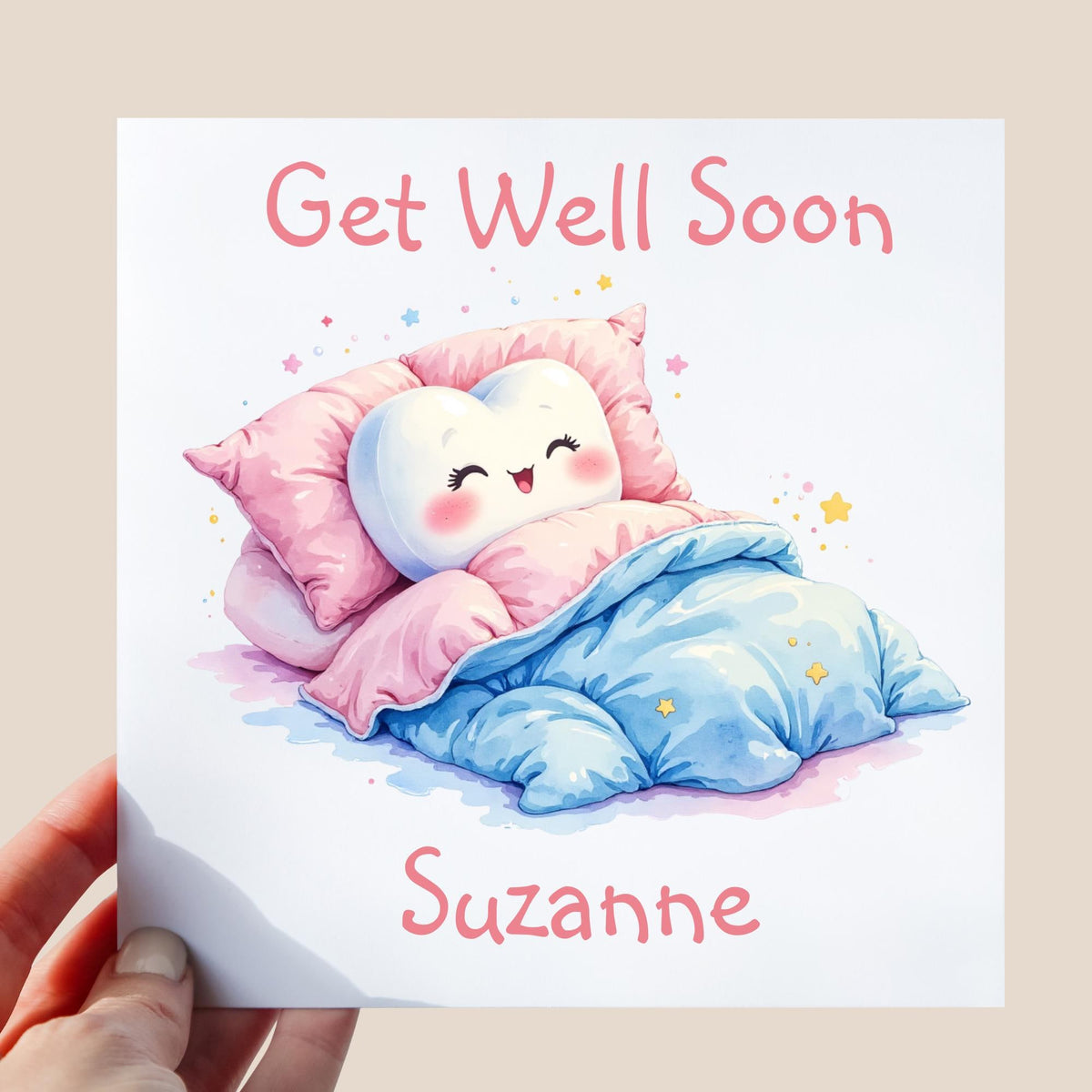 cute tooth character in illustration style tucked in bed with pillows and blankets, get well soon design