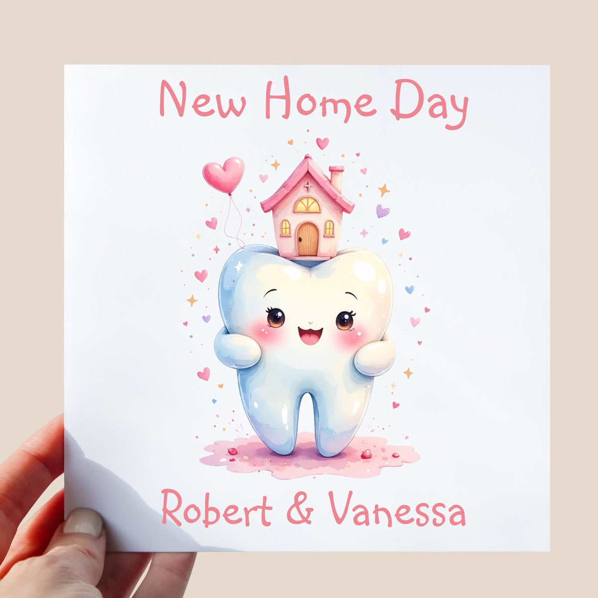 cute tooth character in illustration style holding a tiny house with hearts and pastel sparkles