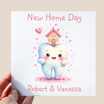 cute tooth character in illustration style holding a tiny house with hearts and pastel sparkles