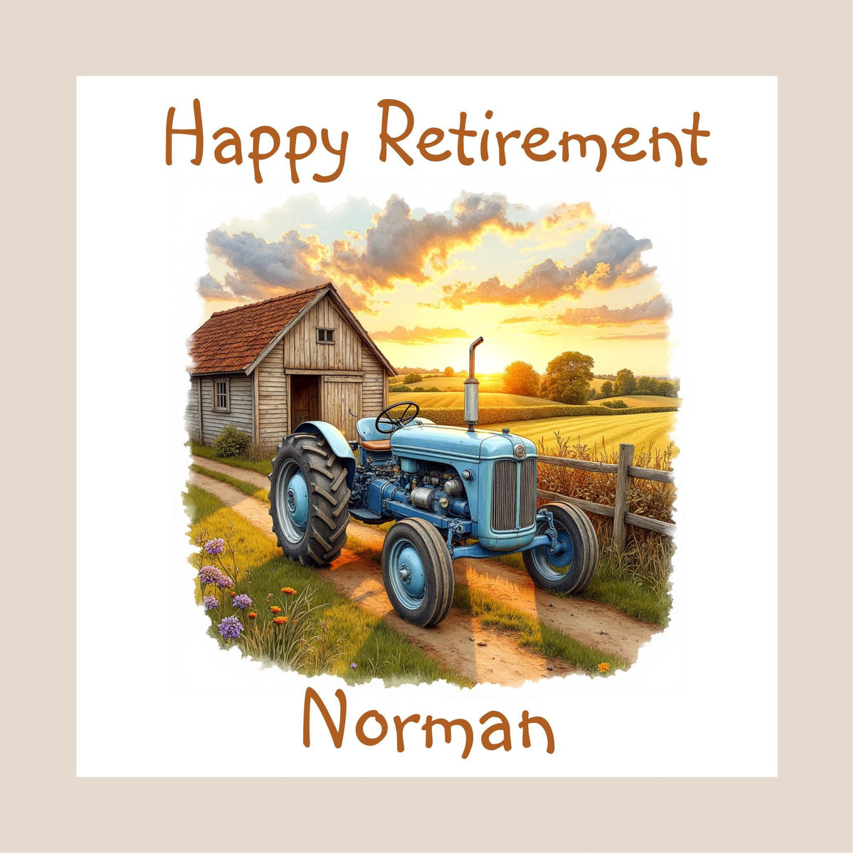 Personalised retirement card featuring a vintage blue tractor in a countryside farm scene at sunset, on a white background.