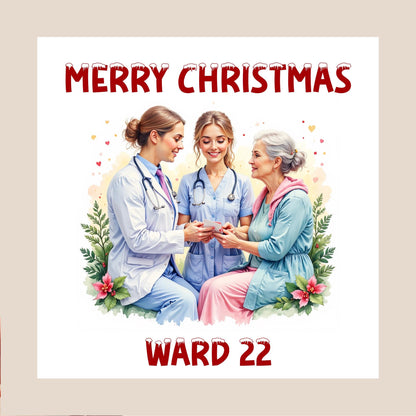 festive nurse and patient illustration style with two nurses and an older woman exchanging a small gift
