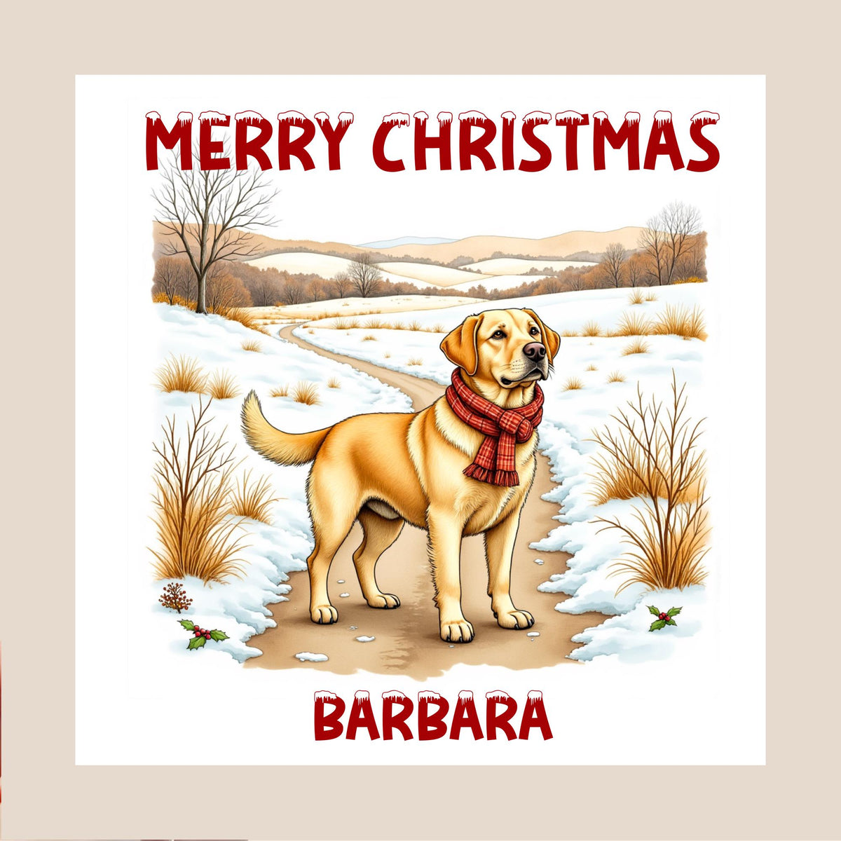 golden Labrador wearing a red scarf standing on a snowy countryside path illustration style