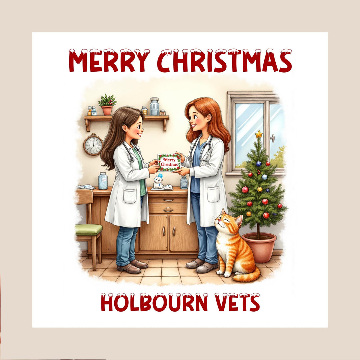 festive vet clinic illustration style with two female vets exchanging a Christmas card and a ginger cat sitting nearby