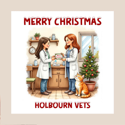 festive vet clinic illustration style with two female vets exchanging a Christmas card and a ginger cat sitting nearby