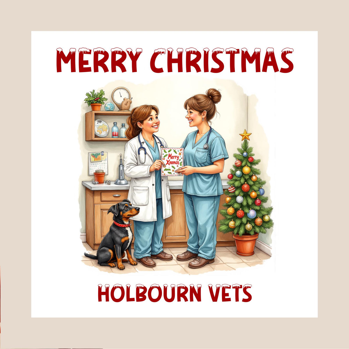 festive veterinary clinic illustration style with two vets exchanging a Christmas card and a dog sitting nearby