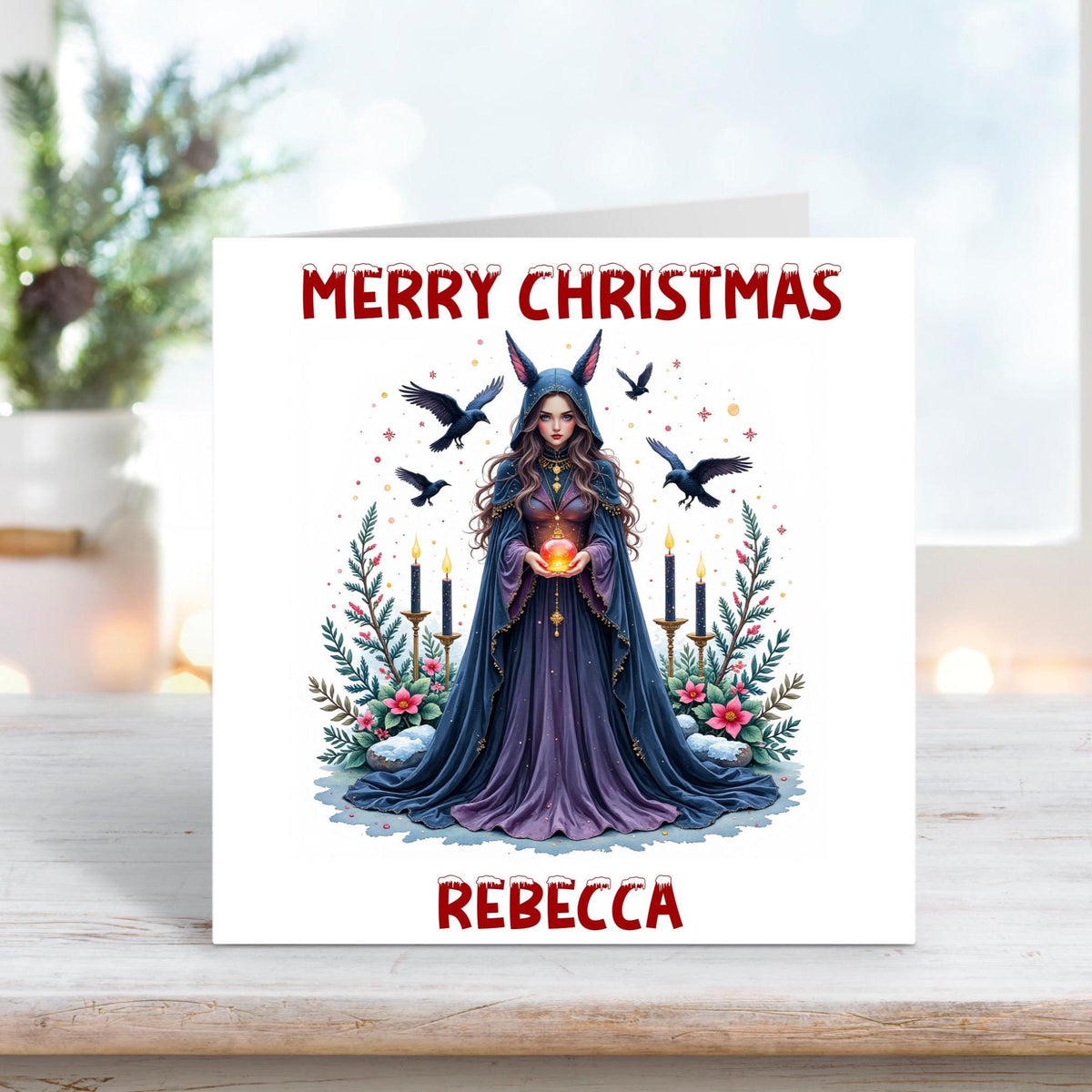 gothic witch in winter illustration style holding glowing orb with ravens, candles and festive foliage