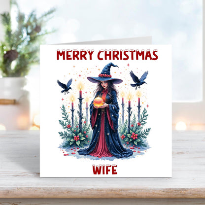 othic witch in festive illustration style holding glowing orb with candles, ravens and winter foliage