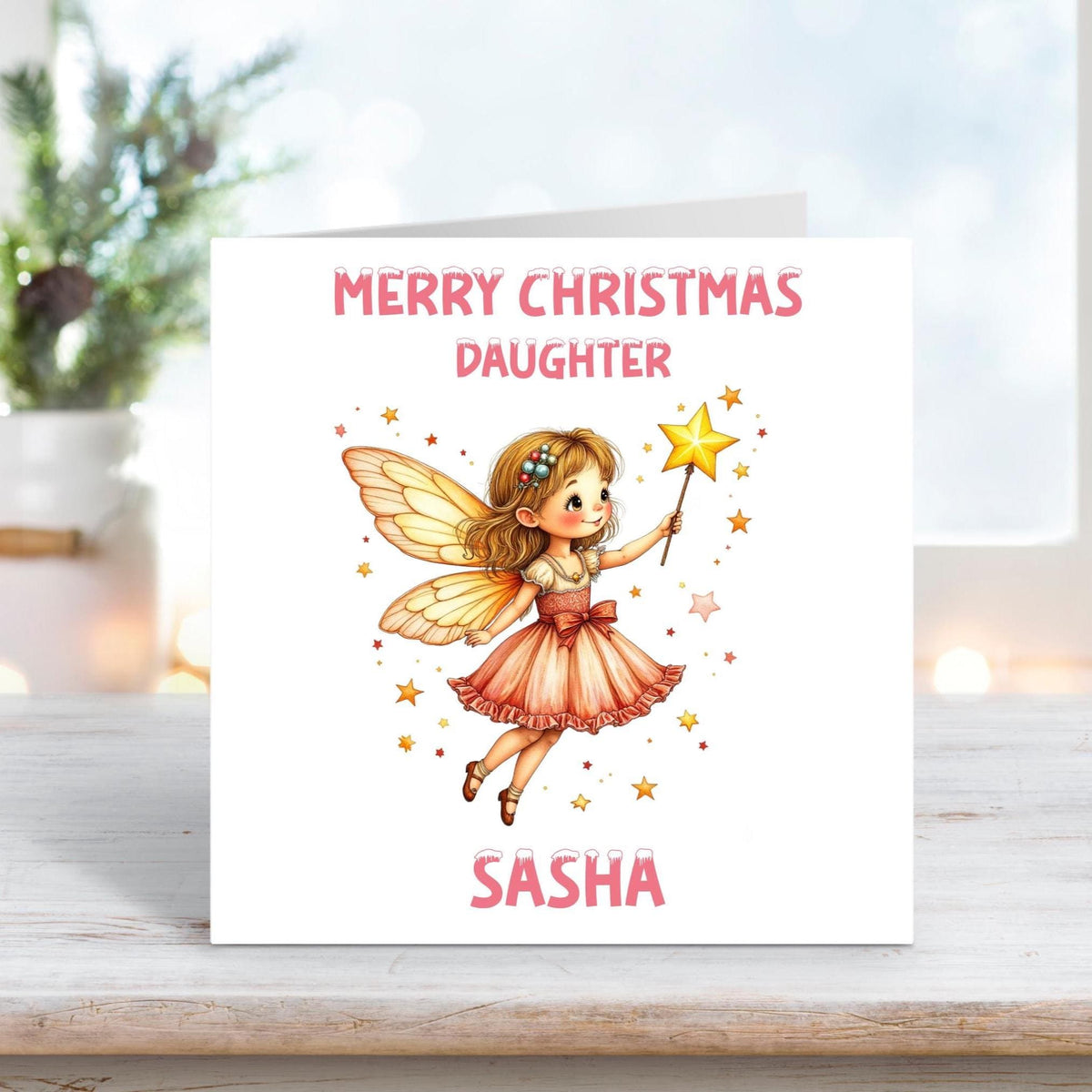 Personalised Christmas card for daughter featuring a fairy in a pink dress holding a magic wand, white background