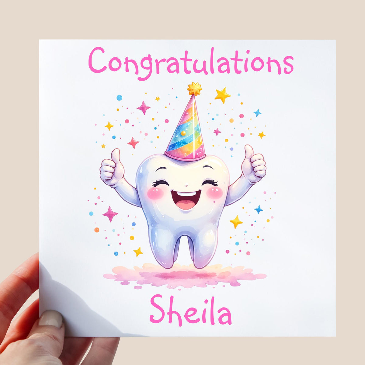 cheerful tooth character in illustration style wearing party hat and giving thumbs up with colourful confetti