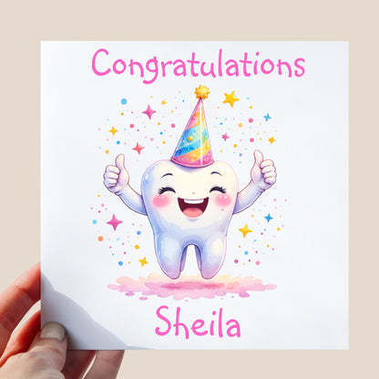 cheerful tooth character in illustration style wearing party hat and giving thumbs up with colourful confetti