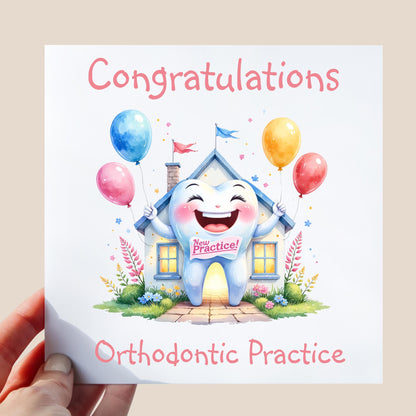smiling tooth character in illustration style holding balloons outside a dental practice building