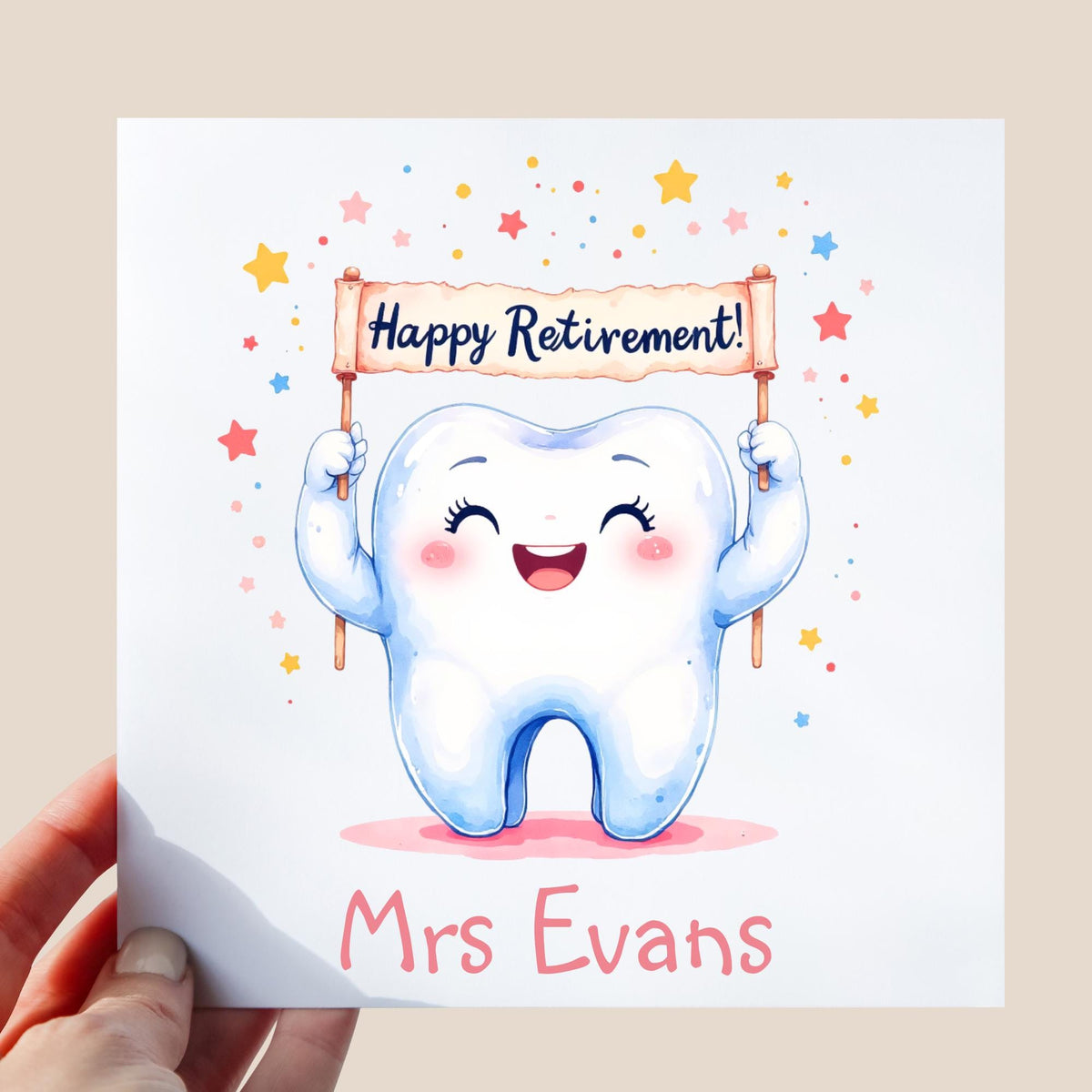 smiling tooth character in illustration style holding a “Happy Retirement!” banner with stars
