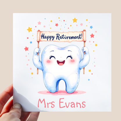 smiling tooth character in illustration style holding a “Happy Retirement!” banner with stars