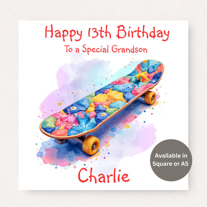 Personalised 13th birthday card for grandson featuring a colourful skateboard design, custom name and 13th birthday message.