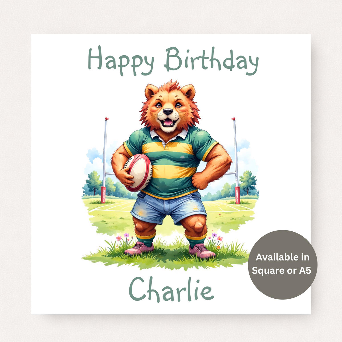 Personalised rugby birthday card featuring a smiling lion rugby mascot standing on a rugby pitch, custom name on the front, bold sporty illustration on a white background