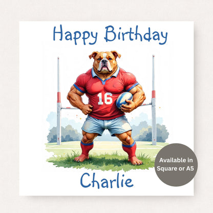 Personalised rugby birthday card featuring a powerful bulldog rugby player holding a rugby ball on a pitch, custom name sports birthday card
