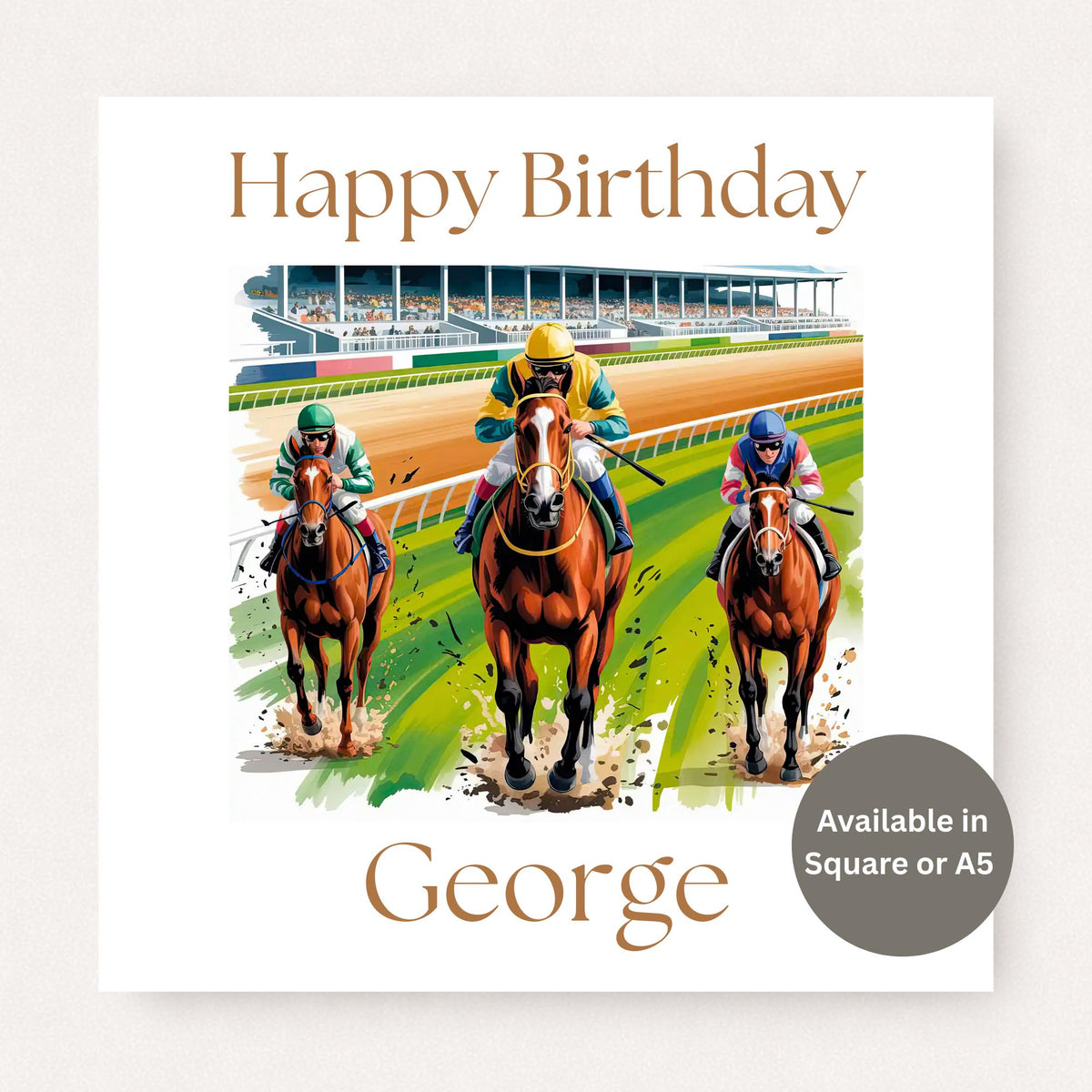Personalised horse racing birthday card featuring jockeys racing on a track, custom name on front, horse racing fan birthday card design