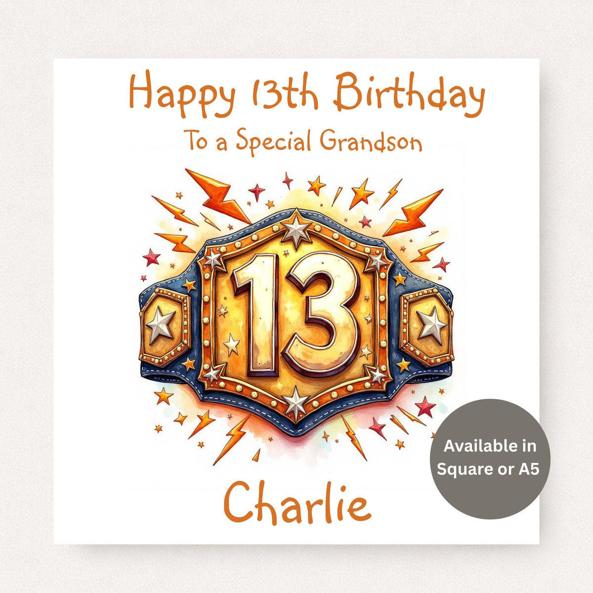 Personalised grandson 13th birthday card featuring a bold championship belt style number 13 design with stars and lightning, custom name on front