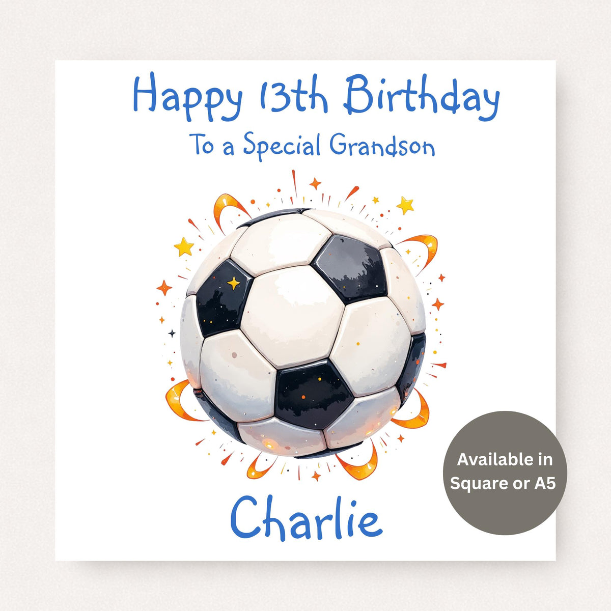 Personalised grandson 13th birthday football card featuring a classic football illustration with custom name