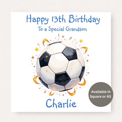 Personalised grandson 13th birthday football card featuring a classic football illustration with custom name