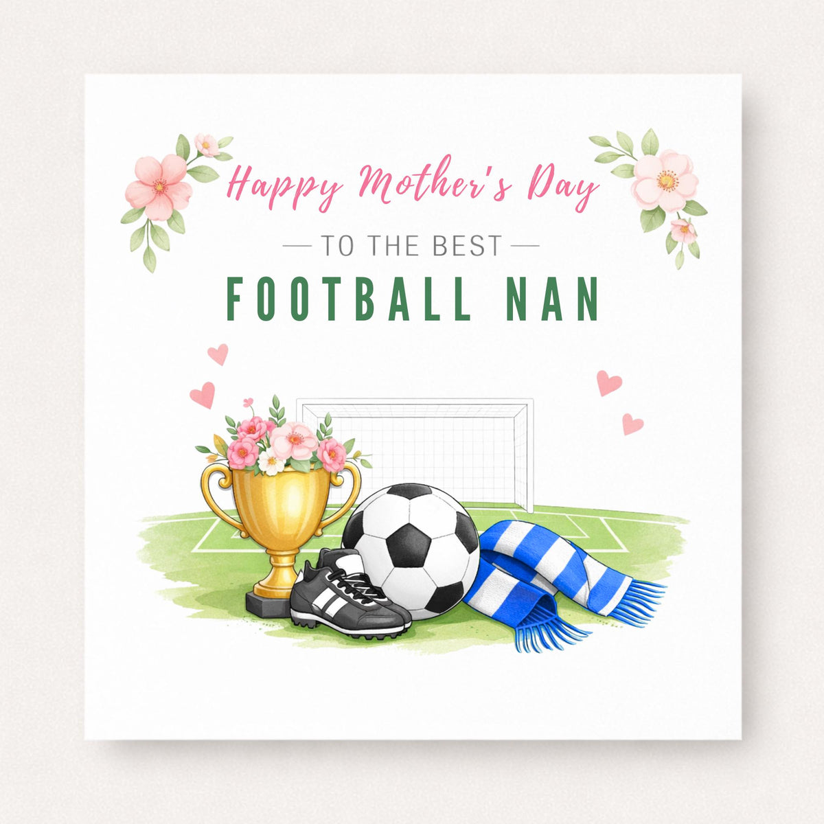 Personalised Football Nan Card – Elegant Floral Trophy Design | Choose Scarf Colour