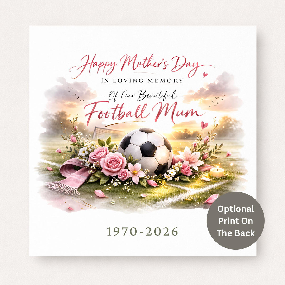 Personalised Heavenly Mother’s Day football memorial card featuring football, pink flowers and candle on a pitch at sunset
