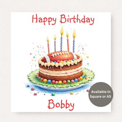 Personalised rugby birthday card featuring a rugby ball birthday cake with candles, colourful confetti details and custom name on the front