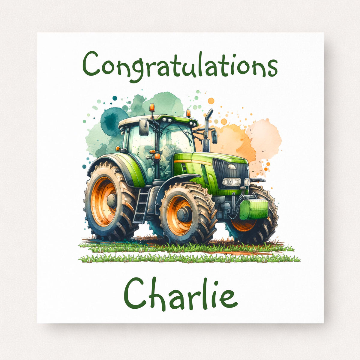 Personalised congratulations card featuring a green farming tractor illustration with countryside details and a custom name on the front