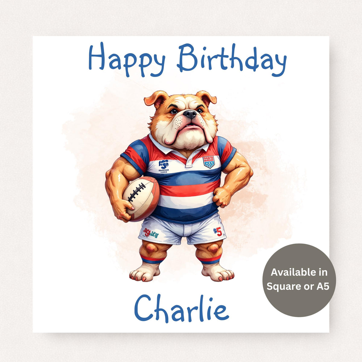 Personalised rugby birthday card featuring a bulldog rugby player illustration with custom name and age on a white background