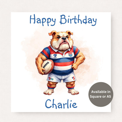 Personalised rugby birthday card featuring a bulldog rugby player illustration with custom name and age on a white background