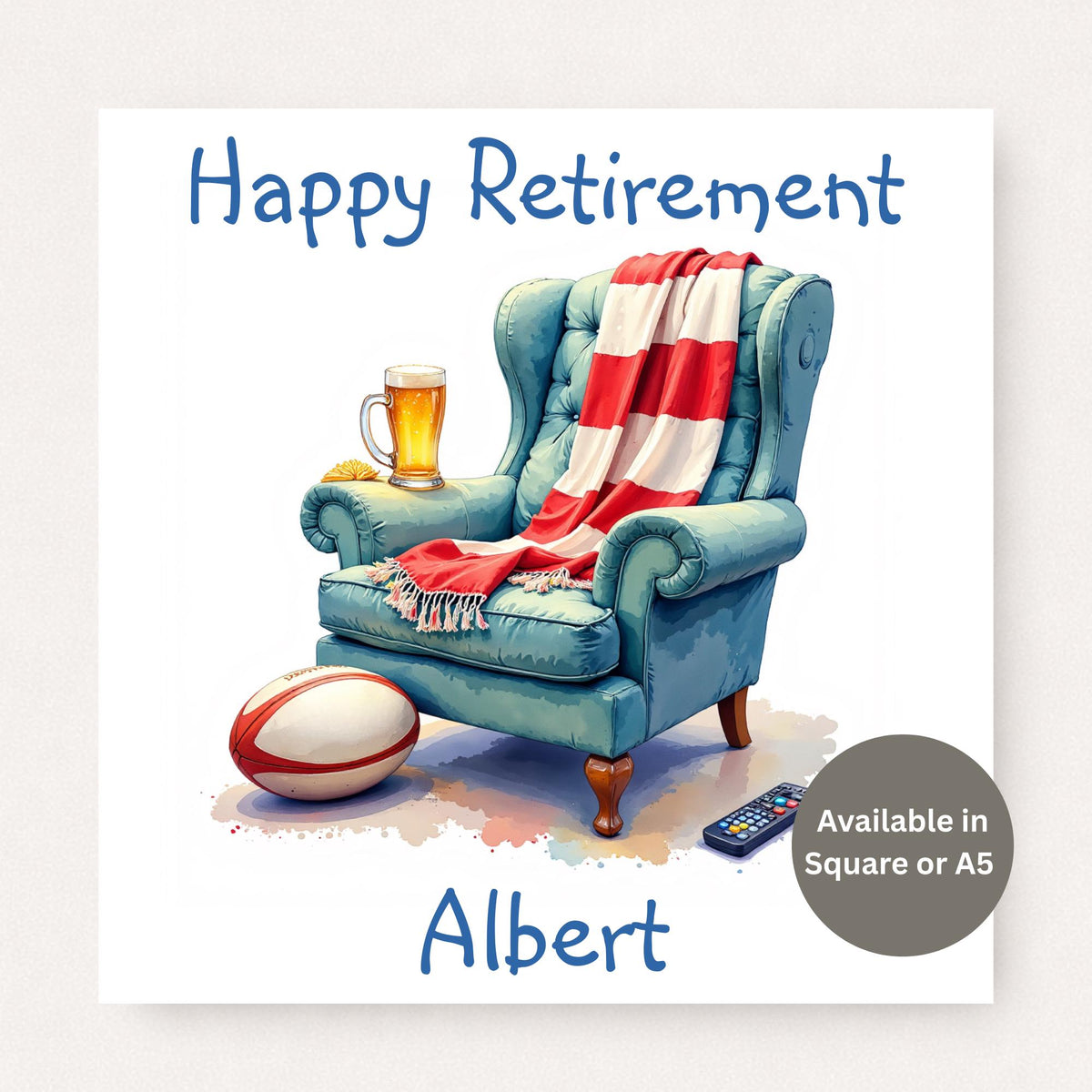 Personalised rugby retirement card showing a cosy armchair with rugby ball, scarf and pint on a white background, customised with name