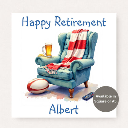 Personalised rugby retirement card showing a cosy armchair with rugby ball, scarf and pint on a white background, customised with name