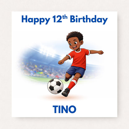 Dark skin football striker birthday card with stadium background, red kit, personalised name and age text, children’s soccer birthday card