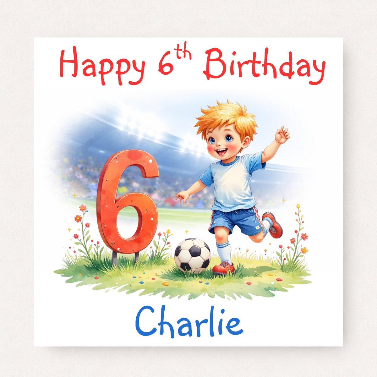 Personalised 6th football birthday card for boy featuring large red number 6, cute soccer character and custom name on white background.