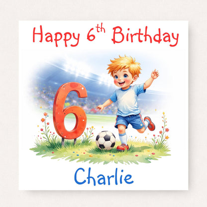 Personalised 6th football birthday card for boy featuring large red number 6, cute soccer character and custom name on white background.