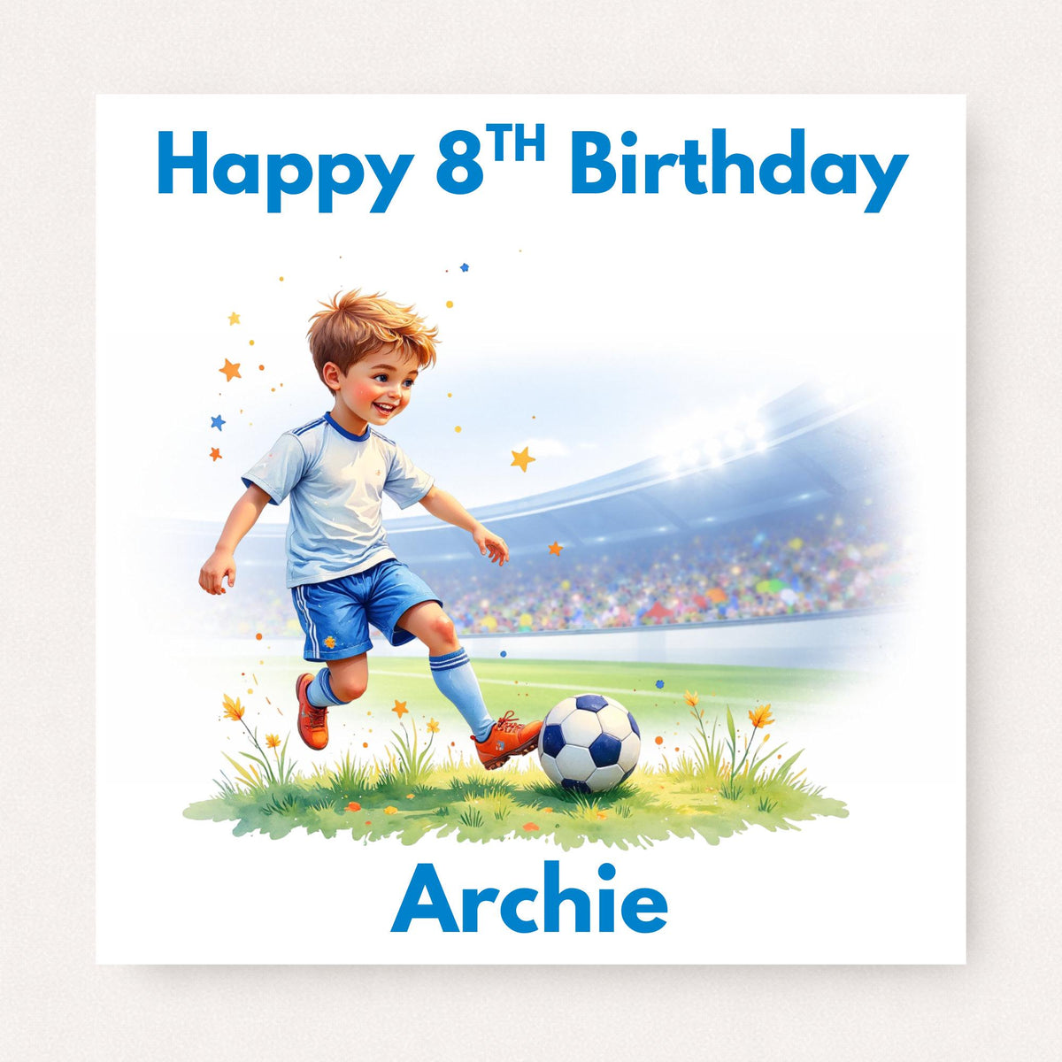 Personalised football birthday card featuring young boy kicking a soccer ball in stadium with custom age and name on white background.