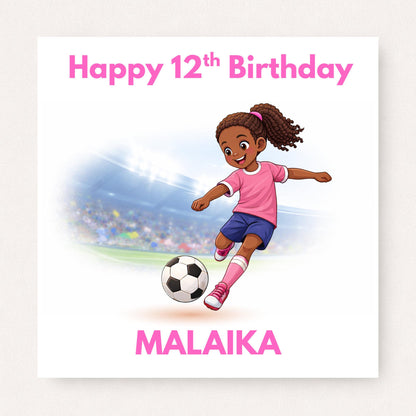 Personalised football birthday card featuring girl kicking soccer ball in stadium with custom name and age on white background.