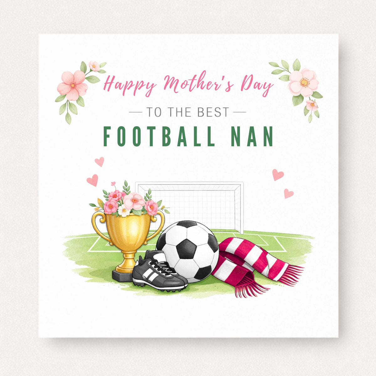 Personalised Football Nan Card – Elegant Floral Trophy Design | Choose Scarf Colour