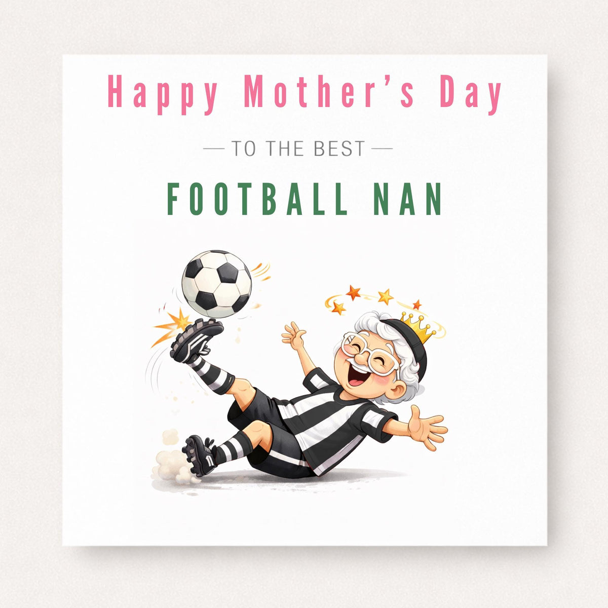 Personalised Football Nan Card – Funny Football Grandma Mid Kick Design