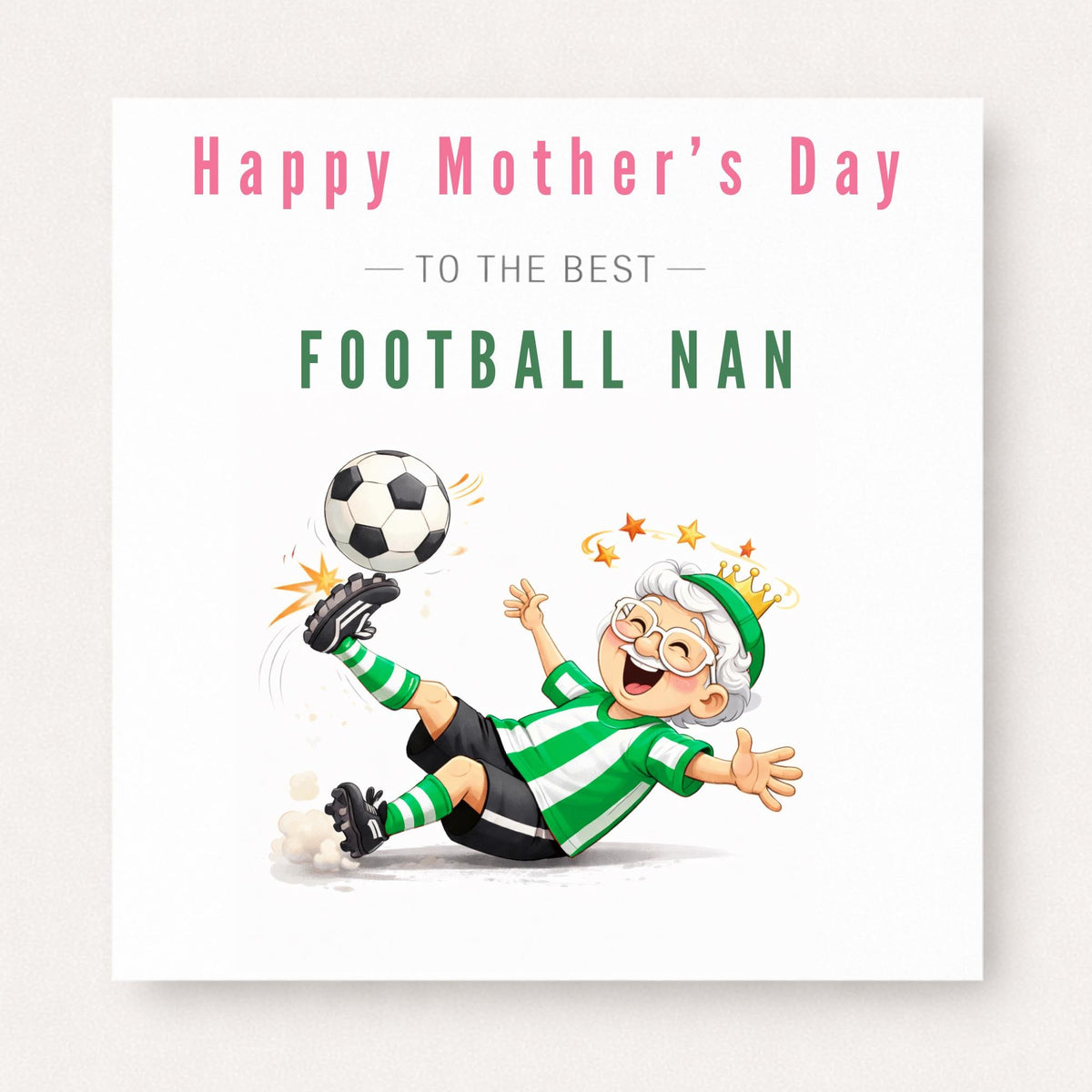 Personalised Football Nan Card – Funny Football Grandma Mid Kick Design