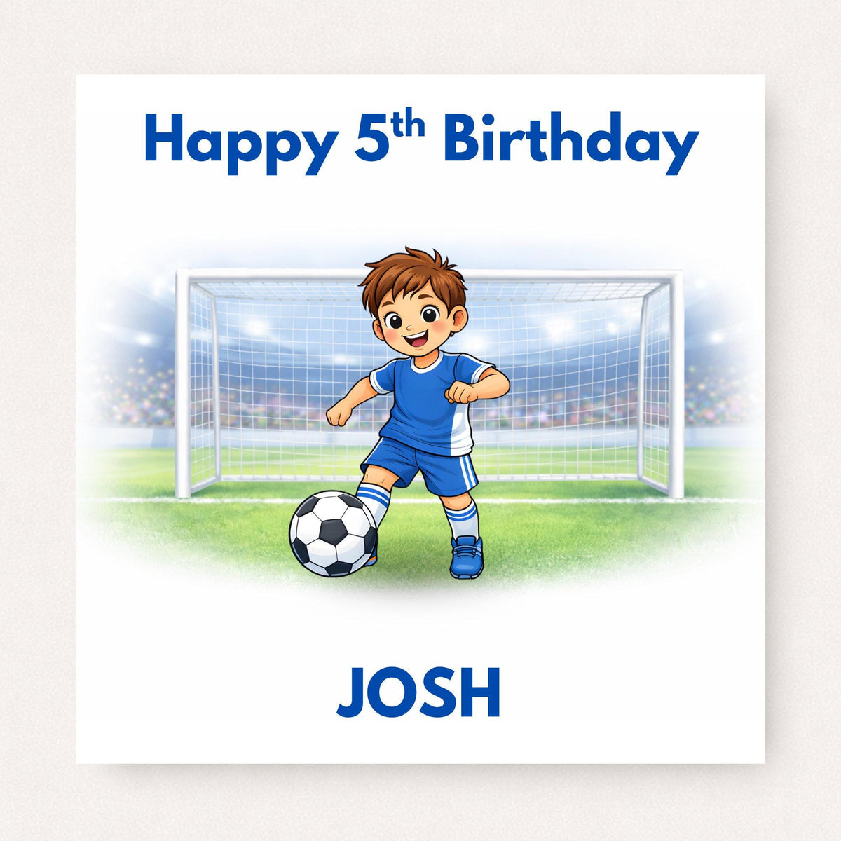 Personalised boys football birthday card featuring young footballer kicking a ball in front of a goal with custom name and birthday age on white background.